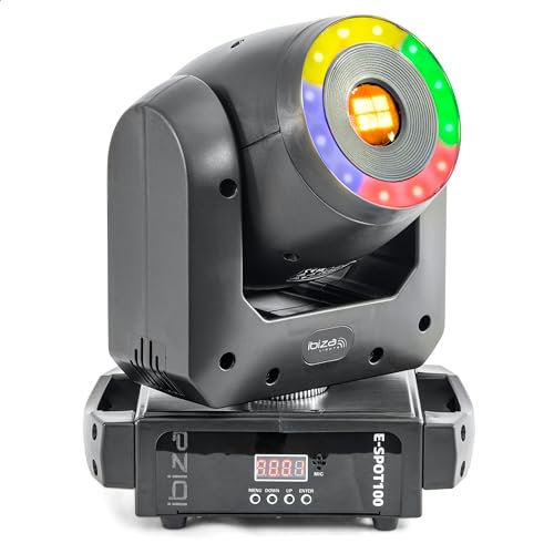 Ibiza - E-SPOT100 - Lyre Spot de 100 W + LED ring RGB multicolore de 12 x 0,3W - 15 canaux DMX - Plateau rotatif - Effet Gobos et strobo - Soirée, fête, spectacle, événement