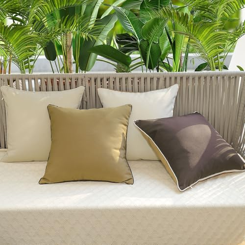 Lewondr Outdoor wasserdichte Kissenbezug, 4 Stück 45x45cm Doppelseitige Polyester Dekorative Zierkissenbezug mit Paspel, Quadratische Sofakissenbezug für Lounge Garten Haus, Braun