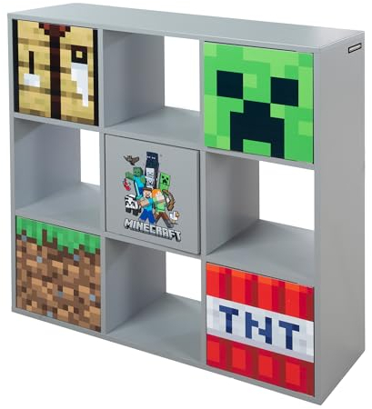 phoenix group Minecraft - 3x3 Regal, Raumteiler mit Türen und offenen Fächern, Grau