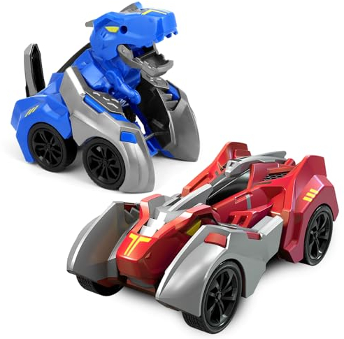JICONEE Dinosaurier Spielzeug Auto für Kinder Rennauto Kollision Verwandeln Monster Truck,Dino Spielzeugauto ab 3 Jahre Jungen Mädchen Geschenke 2 Stück(Rot-Blau)