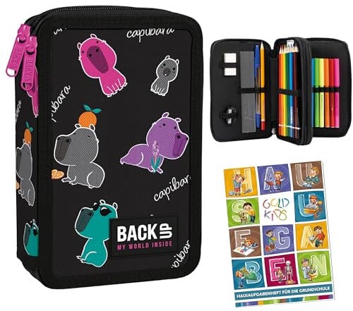Goldkids - Federmäppchen 2 Fächer - Mäppchen für Mädchen und Jungen - Federmappe 2-Fach Federtasche Gefüllte Schüleretui 32-teilig - Schulmäppchen und Hausaufgabenheft - Wasserschwein Motiv