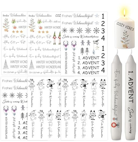 ALLAVA 6 Stück Kerzentattoos Weihnachten, Kerzen Tattoos A5, Wasserschiebefolie Rub on Sticker Weihnachten, Kerzensticker Kerzenfolie für Kerzen oder Keramik Bogen DIY Stickerbogen (Weihnachten E)