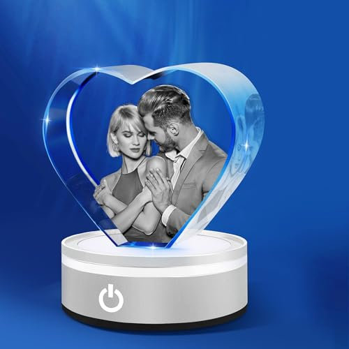 Photo en cristal personnalisée, photo en cristal avec cœur gravé au laser et socle LED, cadeau pour Noël, anniversaire, Saint-Valentin, photo en verre personnalisée pour lui, sa mère et son père.
