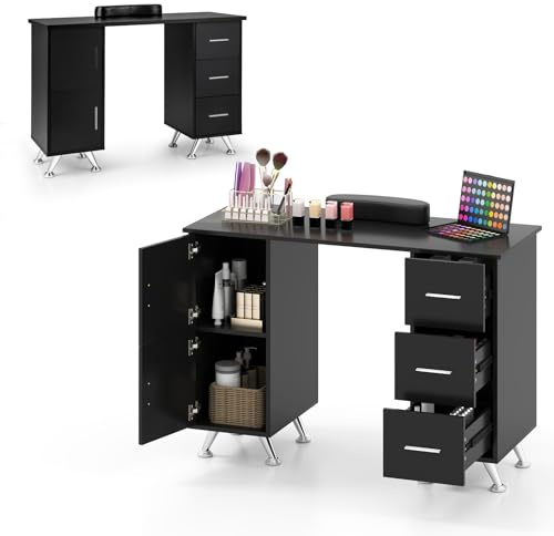 HOMASIS Tavolo per Manicure in Legno, Scrivania per Unghie con 3 Cassetti, 2 Armadietti, Poggiapolsi Rimovibile, Tavolo da Nail Art con Piedini Metallici per Salone di Bellezza, Trucco (Nero)