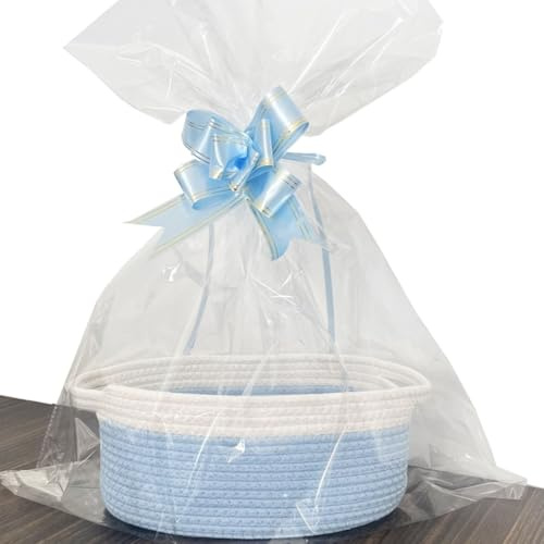 Winsation Kleiner Geschenkkorb mit Geschenktüten und Bändern, niedlicher leerer gewebter Korb für Geburtstag, Party, Urlaub oder Sommerhochzeitsgeschenke (weiß-blau)