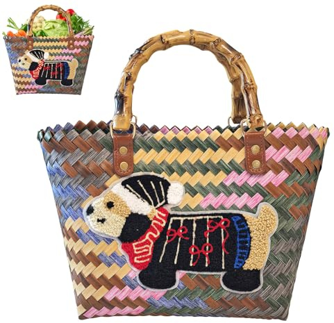 Einkaufskorb Geflochten aus Kunststoff, Strandtasche Stroh Groß, Korbtasche Handtasche, Strohtasche, Vintage Basttaschen Damen Sommer, Wasserdicht Einkaufstasche Geflochtene Tasche (A)