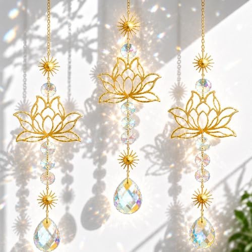 3 Stück Sonnenfänger Kristall, Lotusblume Windspiel Fensterdeko Hängend, Moderner Lichtfänger für Fenster, Büro und Auto, 40 cm x 6,4 cm, Suncatcher Kristall für Regenbogeneffekte