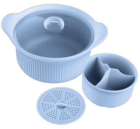 Cuit-Vapeur à Légumes | Avec Pot Compartiment Et Poignée | Bol Silicone Cuisson Vapeur Micro-Ondes,Pour Four et Friteuse à Air, Aliments Bébé, Pâtes, Soupe, Poisson, Fruits de