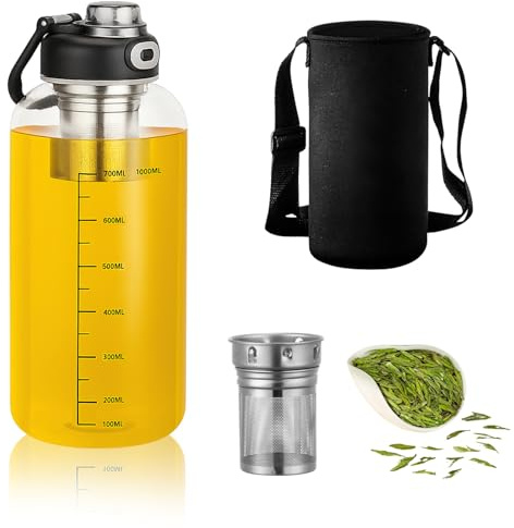Bouteille isotherme 1 L en verre – bouteille à boire robuste en verre de borosilicate épais, bouteille de thé pratique avec filtre pour les voyages, parfaite pour le thé chaud ou le thé glacé, facile