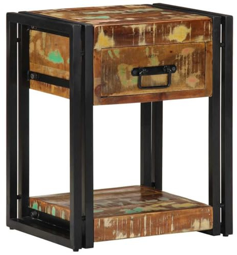 WRJENFSC Table de Chevet en Bois recyclé 40 x 35 x 50 cm, Style Rustique avec tiroir et étagère, Console de lit ou Bout de canapé, Rangement Chambre et Salon