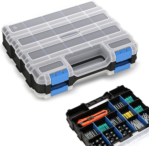 Romon Organizador Tornillos Doble Cara Con 24 Compartimentos Ajustables | Cierre De Seguridad, Material Pp, Azul, 32x27x8cm Para Tornillos Y Piezas
