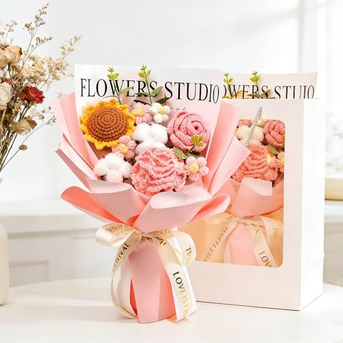 HOVCEH Bouquet di Fiori All'Uncinetto, Mazzo di Fiori Fatto a Mano Girasole Rosa, Regali per Mamma Donne, Ideale per Festa Della Mamma, Anniversario, Compleanno, San Valentino