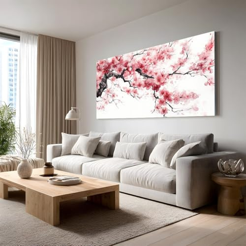 Générique Grand Tableau pour Salon Aquarelle Fleur de Cerisier 60x120 cm | Decoration Murale Moderne Japonais Sakura Impression sur Toile, Cadre Decoratif pour Chambre Bureau Floral Branche Art Mural