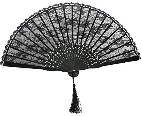 Spanischer Faltfächer aus Spitze – Eleganter Handfächer für Damen mit Blumenstickerei & Quaste (Schwarz, 23 cm) – Ideal für Hochzeiten & Accessoires