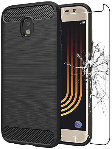 ebestStar - Hülle für Samsung Galaxy J3 2017 SM-J330F, Silikon Handyhülle Cover, Carbon Fiber Texture Schutzhülle, Schwarz + Panzer Schutz Glas