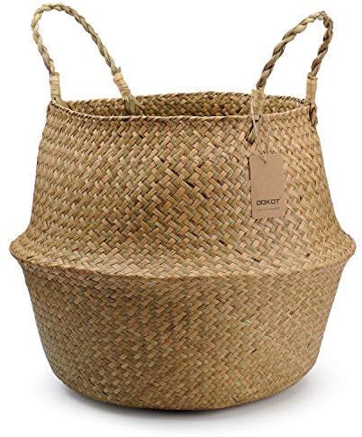 DOKOT Natural Seagrass Mimbre Cesta de Cesteria, Cestos para la Colada con Asa, Cesta Plegable para el Vientre Maceta, Decoracion para el Hogar Almacenar Juguetes, Ropa, Fruta o Plantas