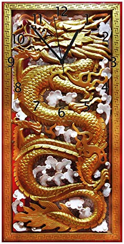 Wallario Design-Wanduhr Traditionelle chinesische Holzarbeit mit Drachen in rot und Gold aus Glas, Motiv-Uhr Größe 30 x 60 cm, Schwarze Zeiger