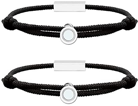 Anpassen Magnetic Gegenseitige Anziehungskraft Armbänder 2 Set mit 4 Seiten Gravierte Stange Beste passende Paar Geschenk für Frauen Männer (Black)
