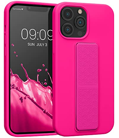 kwmobile Case Compatible with Apple iPhone 13 Pro Max - Case with Hand Strap and Stand Soft TPU Silicone Coating - Neon Pink