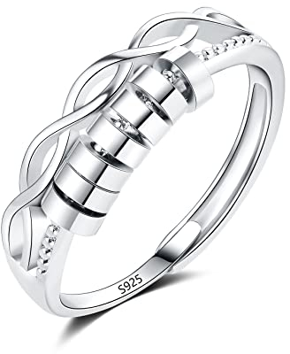 Loutade Silber Anxiety Rings, 925 Sterling Silber Angst Ringe, Offen Einstellbar Anti-Stress Dekompressionsringe, Unendlichkeit Angst Spinner Ringe Damen, Zappelringe Fidget Rings mit 7 Perlen Band