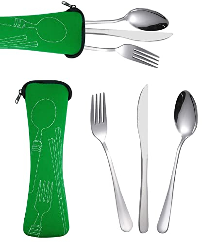 Picnic Cubiertos Trabajo, Cubiertos De Camping De Acero Inoxidable, Cubiertos Camping Set Con Neopreno Bolsa Ideal Para Viajes Y Camping(verde)
