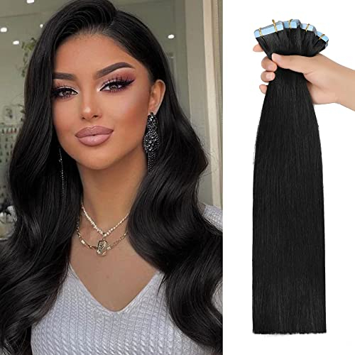 JESSBO Tape in Extensions Echthaar #1 Tief Schwarz 35cm 20 Stück Invisible Seidig Gerade Remy haar echthaar haarverlängerung echthaar invisible tape extensions (50g/Packung)