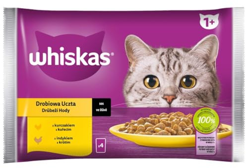 Whiskas Adult 1+ Nassfutter für Katzen in Sauce mit Huhn, Truthahn, 52 Portionsbeutel, 13x4x85g, Hochwertiges Nassfutter für ausgewachsene Katzen