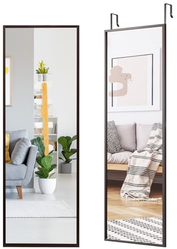 HOMASIS Wandspiegel groß 35,5x108cm, Spiegel mit 2 Haken höhenverstellbar, Ganzkörperspiegel aus Bruchsicherem Glas, Türspiegel mit Metallrahmen, für Schlafzimmer, Wohnzimmer & Flur (Braun)
