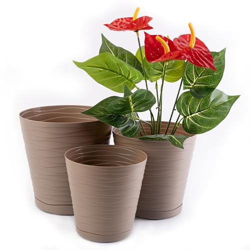 Home Garden Ornaments Tedi Beige Pot de Fleur Interieur Lot de 3 Tailles 13/15/17 cm - Plastique Pot de Fleurs Exterieur - Pots de Fleurs avec Soucoupe Intégrée avec Trous de Drainage (Beige)