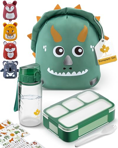 LAUBGOLD® Kindergartenrucksack Jungen u. Mädchen Set inkl. Brotdose u. Trinkflasche mit Stickern | BPA-freies Set | Rucksack Kindergarten Jungen | Reflektoren, Brustgurt, Leicht | Kinderrucksack