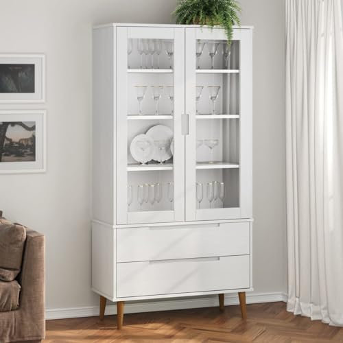Hommdiy Vitrinenschrank, Vitrine mit 2 Schubladen 4 Fächern, Bücherregal mit UV-Lackierung, Bücherschrank Schrank Büroschrank Weiß