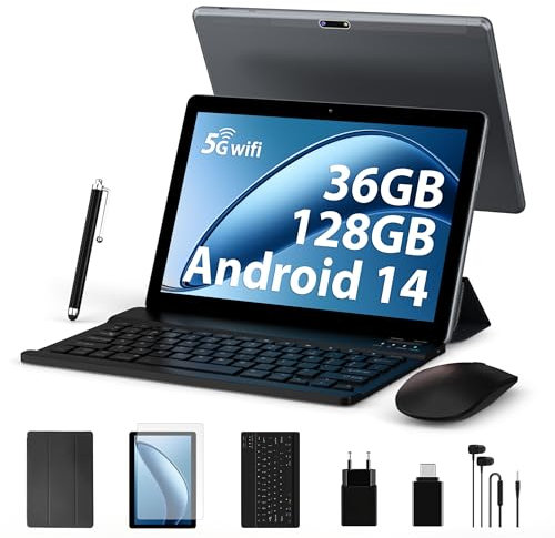 FORUSER Android 14 Tablet 10 Pollici in Offerta Octa-Core 2.0 GHz, 5G WiFi 6/BT5.0, 36GB RAM+128GB ROM(TF 1TB), Dual Camera 8000mAh, Con Tastiera, Penna, Mouse - Grigio