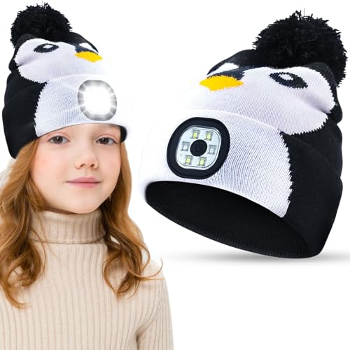 Leonshco Kinder LED-Licht-Strickmütze - USB-Wiederaufladbare Wintermütze mit LED-Lampe, Warme Stirnlampe, Pompom-Detail für Jungen & Mädchen Geburtstagsüberraschung