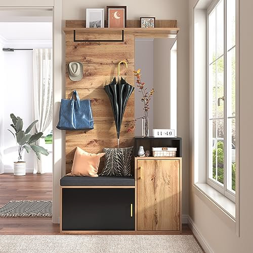 Ymkua Garderobenset Wandgarderobe, Flurgarderobe Set mit Schuhbank, Spiegel und Kissen, Garderoben Set mit 4 Kleiderhaken und Türen, Kompaktgarderobe, Wandgarderobe, 105 Lx40Bx191.5H cm