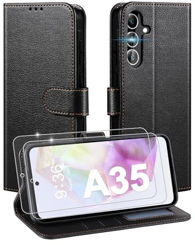 LETREEN Handyhülle für Samsung Galaxy A35 5G Hülle mit 2 Schutzfolie, Lederhülle Klappbar Flip Case Tasche Magnet Kartenfach Standfunktion Klapphülle Schutzhülle für Galaxy A35 5G - Schwarz