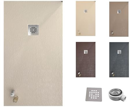 VAROBATH | Plato de Ducha ONE – Material Resina con Carga Mineral y Textura Pizarra Antideslizante C3 – Incluye Válvula Desagüe y Rejilla (CREMA RAL1013, 70x160)