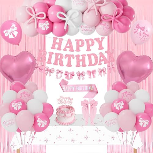 Geburtstagsdeko Rosa Schleife, Geburtstagsdeko Mädchen Frauen, Deko Luftballon Rosa Weiß, Schleifen Happy Birthday Girlande Tischdeko Schärpe, Geburtstag Party Deko Mädchen Baby 1st 13th 18th 30th