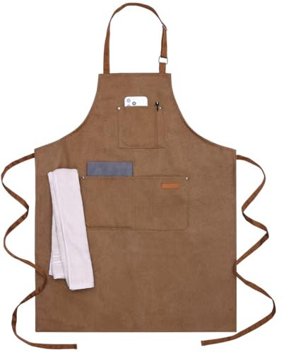 cactusgirl Küche Schürze verdickte Canvas Baumwolle Schürzen mit 4 Taschen für Männer Frauen für BBQ (braun)