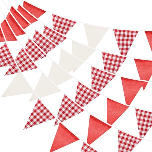 G2PLUS 10m Guirlanda Banderines Rojos y Blanco,Banderines de Algodón y Lino | 36 Banderas Bunting Reutilizable para Oktoberfest,Mercado Navideño,Fiestas Familiares y Pícnics