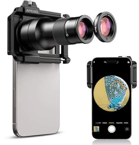 APEXEL Lente de Teléfono con Teleobjetivo Fijo 2 en 1 HD 6X & Lente Macro de 150 mm con Clip Universal, Kit de Lentes para la Mayoría de Los Teléfonos Inteligentes