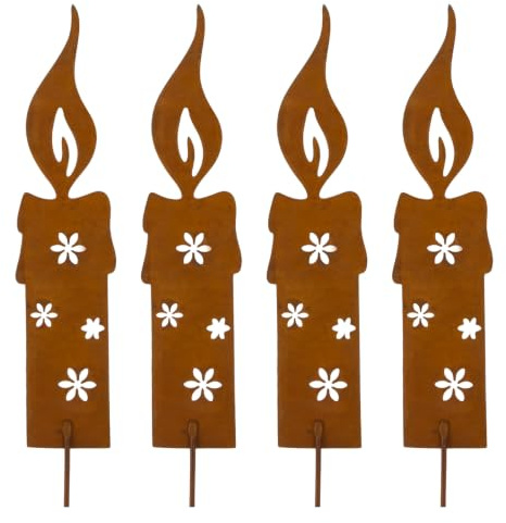 Joxessaien 4 Stück Kerzenflamme Rost, Metallstecker Garten, Weihnachtsdeko Rostoptik, Weihnachtsdeko Kerze