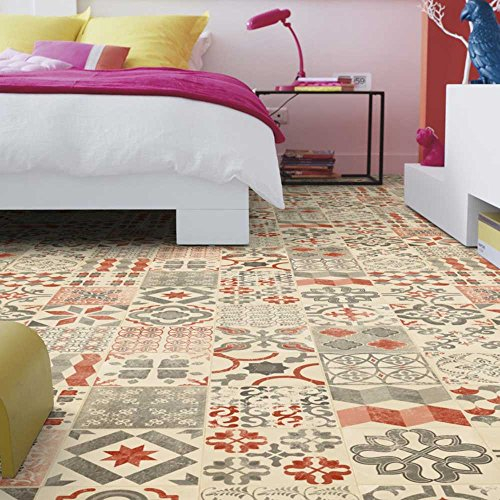 livingfloor® PVC Bodenbelag Shabby Retro Fliesenoptik Mediterran Rot 2m Breite, Länge variabel Meterware, Größe:8.00x2.00 m