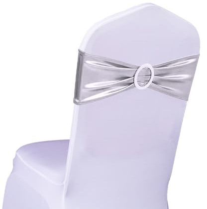 Lycra-Stuhlschärpen aus Stretch-Elastik mit Schnalle und Schleife, Polyester und Spandex, Bronzing Silver, 50PC