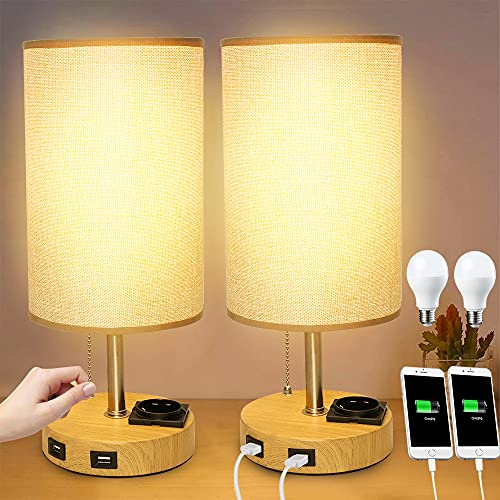 Depuley Nachtischlampen 2-er set, E27 Modern Tischlampe Rund, mit 2 USB+Steckdose, Lampenschirm aus Stoff, Tischleuchte aufladbar für Schlafzimmer Wohnzimmer Kinderzimmer Büro