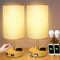 Depuley Nachtischlampen 2-er set, E27 Modern Tischlampe Rund, mit 2 USB+Steckdose, Lampenschirm aus Stoff, Tischleuchte aufladbar für Schlafzimmer Wohnzimmer Kinderzimmer Büro