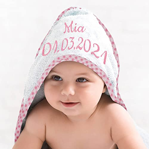 Kapuzenhandtuch Bestickt mit Name, Geburtsdatum oder Wunschtext, 100% Baumwolle - ÖkoTex geprüft, Babyhandtuch extra weich, für Mädchen und Jungen - rosa
