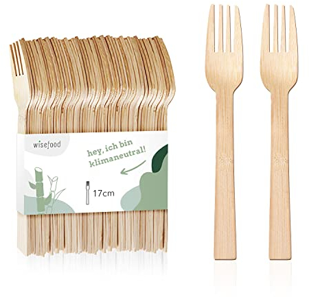 wisefood Bambus Einweg Gabeln, 100 Stück Bambusgabeln 17cm, Biologisch abbaubares Einwegbesteck, Bambusgeschirr Set, Natürliches Bambus Besteck, Partygeschirr