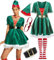 IKALI Damen Weihnachtskostüm Santa Elfen Kleid Rollenspiel Party Geschenk Erwachsene Kostüm Outfit mit Hut Gürtel Socke Halskette M