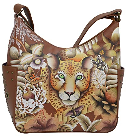 Anuschka Klassische Handbemalte Hobo Tasche aus echtem Leder mit beschlagenen Seitenfächern - Cleopatra's Leopard Tan