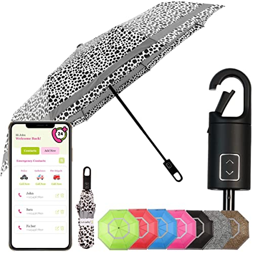 Quick Safety® wander- trekking-Regenschirm taschenschirm herren-damen-schirm jungen-regenschirm auf-zu-automatik sturmfest reflektierend Karabinerhacken-Griff-Design (gepard weiss)